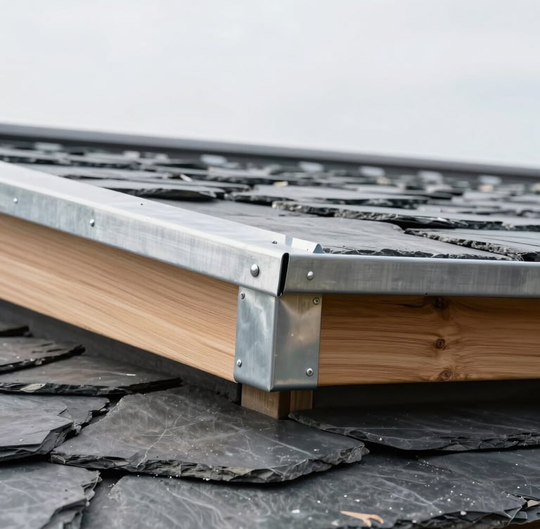 Crisp architectural photography of a modern slate and zinc roof edge, tight framing on hand-folded zinc joints, bright overcast daylight showcasing metal texture, 35mm lens.