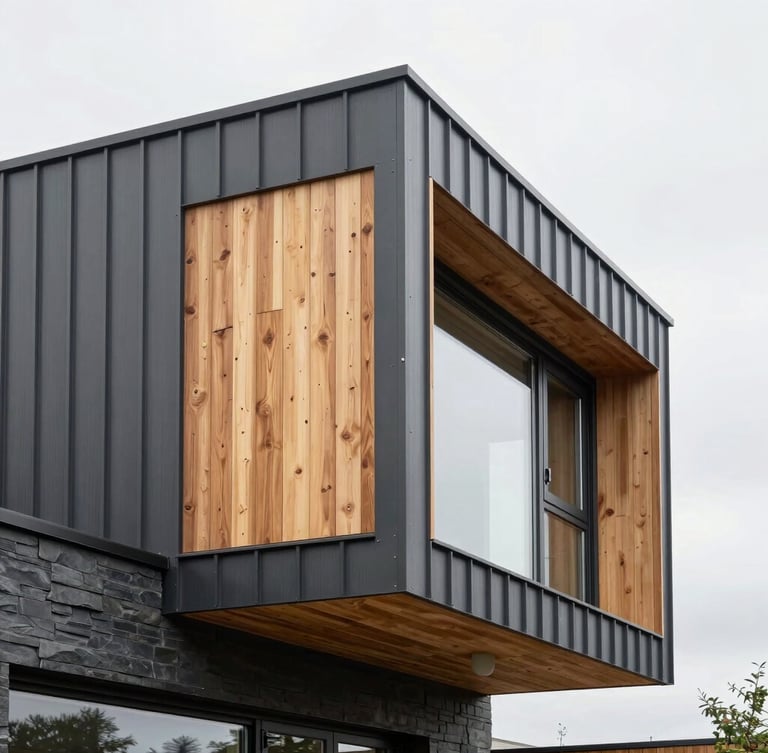 Crisp architectural photograph of a modern residential home featuring dark zinc cladding mixed with warm cedar wood panels, bright overcast daylight, sharp details of material joints, 35mm lens
