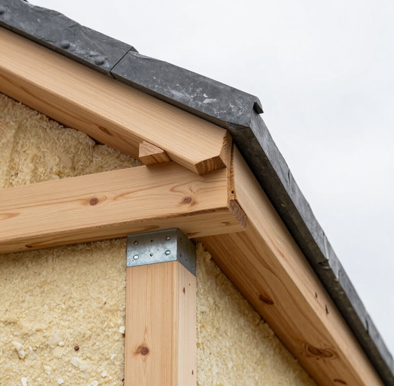 Crisp architectural detail of a craftsman installing wood cladding boards over high-density insulation panels, precise metal joints, overcast daylight.