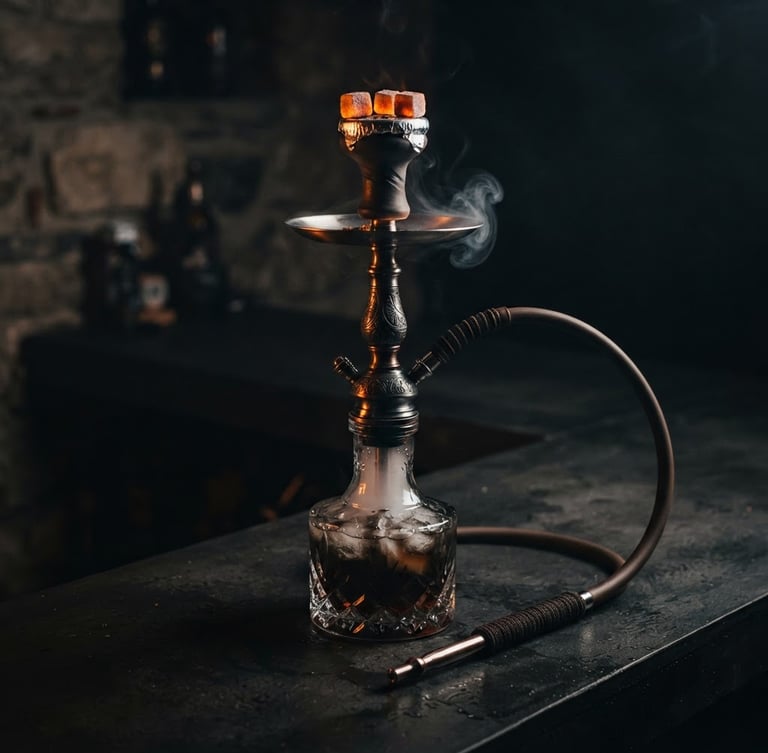 Moody low-key product photography of a premium polished hookah setup on a dark charcoal counter, warm amber glow from burning coals, high contrast, sharp focus, 50mm lens