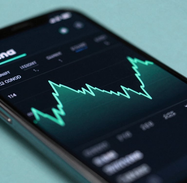 A close-up macro shot of an Android smartphone screen displaying a dark-themed financial dashboard with mint-green line charts. Soft teal backlighting illuminates the sleek bezel.