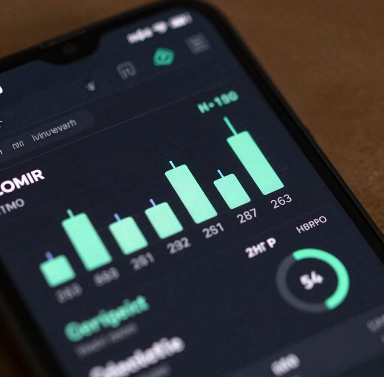 Macro shot of an Android device screen displaying a sleek dark-mode system utility dashboard with mint-green active-user charts and metrics.