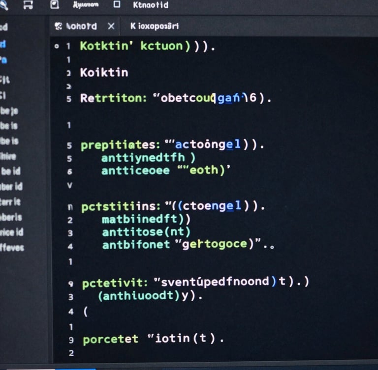 A dark-mode IDE interface showing clean Kotlin code snippets with syntax highlighting in mint green and cool blue. The focus is sharp on the code structure.