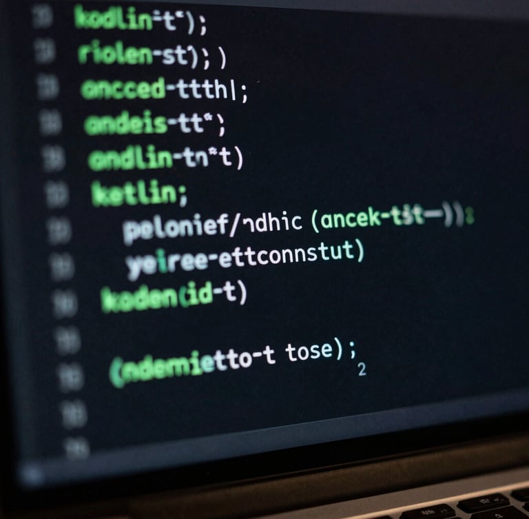 Close-up macro shot of clean Kotlin code in Android Studio on a dark monitor, glowing mint-green syntax highlighting, dark moody background.