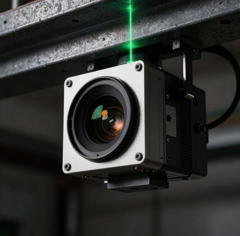Extreme close-up of an industrial camera housing mounted on a steel beam, dramatic green laser-line calibration overlay, dark-room laboratory setting, high-contrast directional lighting.