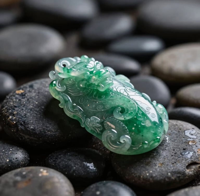 A cinematic, macro close-up of a hand-carved imperial green jade dragon pendant resting on a bed of dark, wet river stones. Soft, directional sunlight hitting the stone to show its translucency, luxury jewelry photography style, bokeh background.