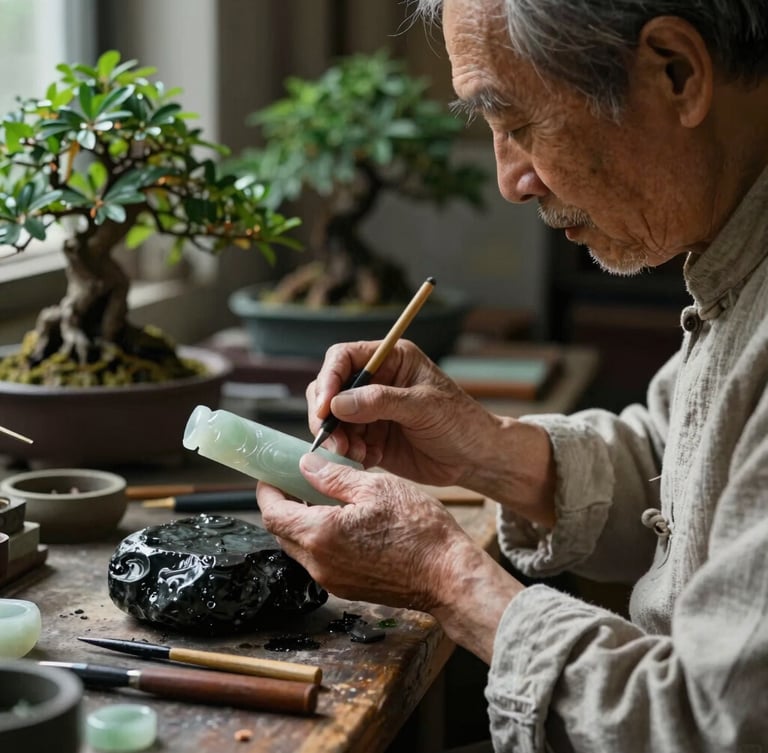 An elderly artisan with refined features, wearing a simple linen tunic, working in a sunlit studio filled with bonsai plants and jade carving tools, moody atmospheric lighting