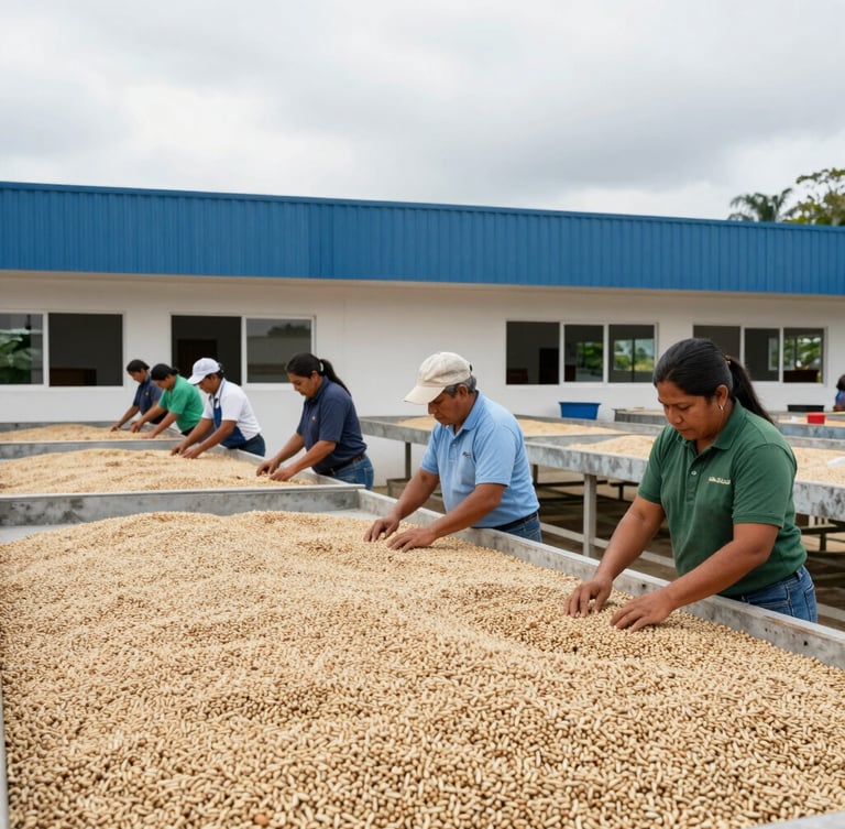 Wide panoramic shot of a Colombian coffee cooperative with farmers sorting beans in a clean, modern facility, natural daylight, documentary style