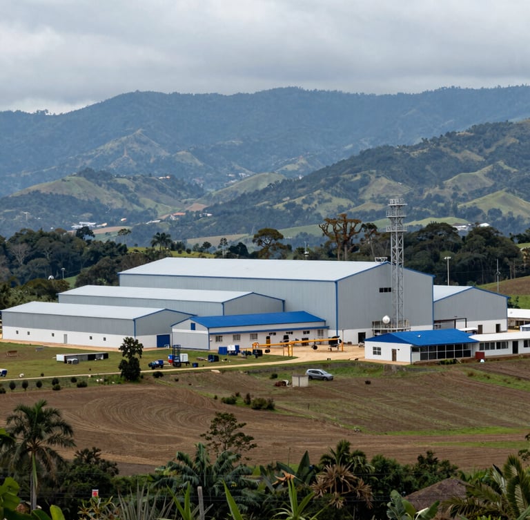 Wide-angle documentary photograph of a newly constructed agricultural processing facility in rural Colombia, misty mountain backdrop, overcast natural daylight, realistic texture.