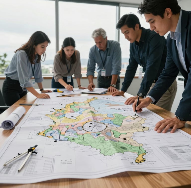 Documentary editorial photography, natural overcast daylight, technical team in Bogotá office analyzing large topographic maps of Colombia on a wooden table, blueprints and compasses visible, professional and authoritative atmosphere.