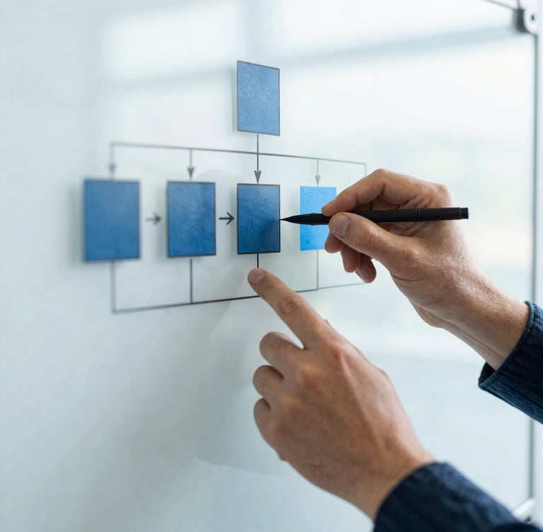 Macro shot of hands mapping database architecture and user flows on a clean glass whiteboard, bright cool indirect daylight, sharp focus, modern editorial photography, 35mm lens