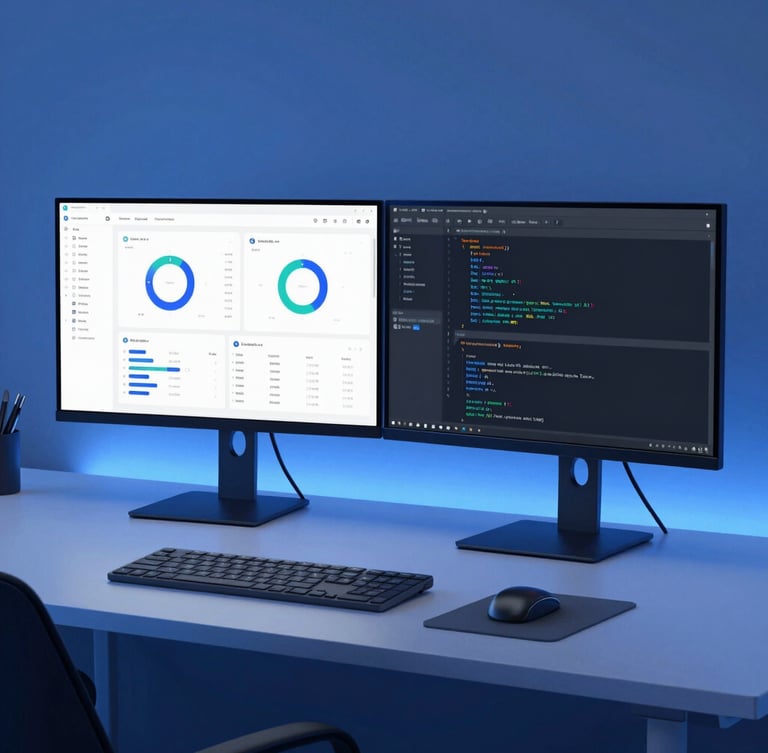 Minimalist B2B software engineering workspace, dual monitors displaying high-contrast analytics dashboards and clean code, cool electric blue ambient lighting, sharp focus, modern editorial photography, 35mm lens