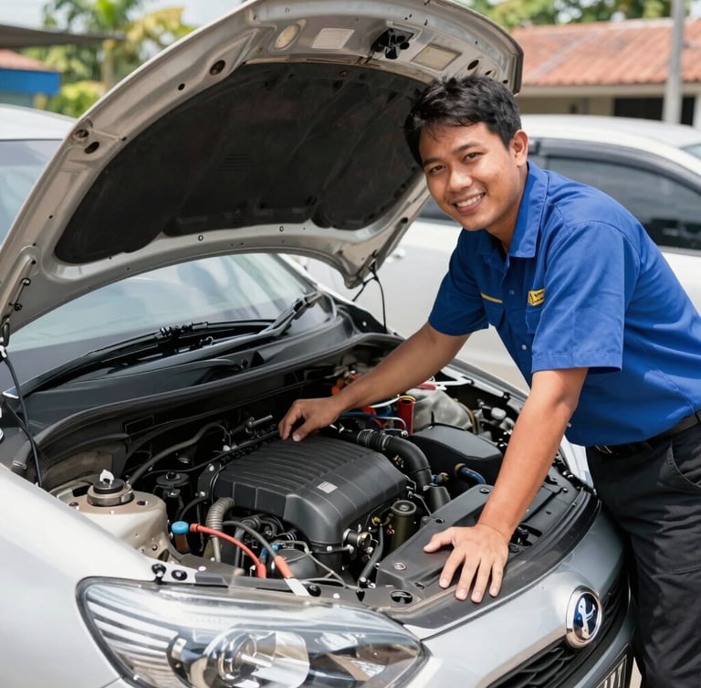 A friendly local Indonesian mechanic in a clean uniform inspecting a spotless car engine bay under bright natural daylight, showing trust and attention to detail, eye-level shot