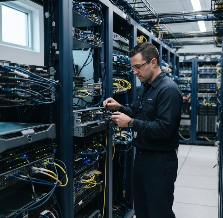 Industrial mid-shot of a technician in a dark navy uniform calibrating a server rack, crisp technical lighting, cool slate and navy tones, sharp focus, 35mm lens