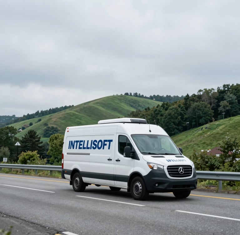 A wide shot of an INTELLISOFT service vehicle driving on a highway near Pittsburgh, rolling green hills in the background, overcast sky, cool cinematic tones