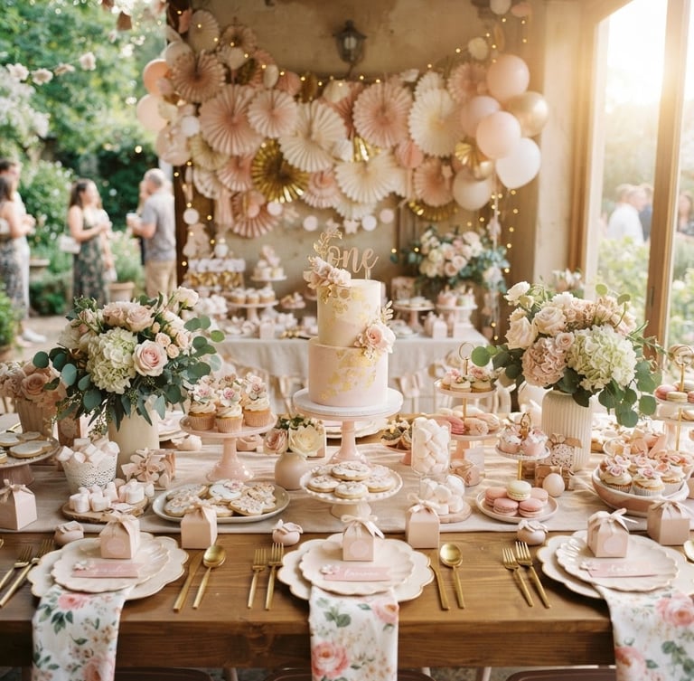 Wide panoramic view of a beautifully decorated children's party table in soft pink and cream tones, featuring a delicate cake, custom paper crafts, and elegant floral arrangements, bathed in soft natural daylight, shallow depth of field, 35mm, with a subtle golden glow from the side.