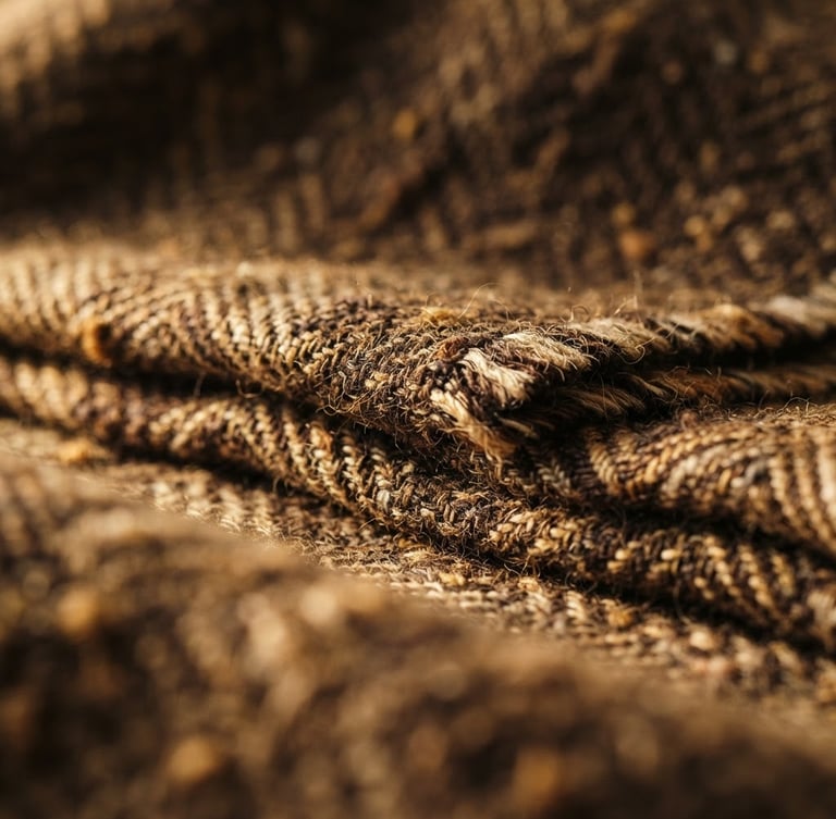 Macro shot of folded premium textiles showing detailed cotton thread weaves, warm natural side-light, rich brown and gold tones, shallow depth of field, 35mm editorial photography