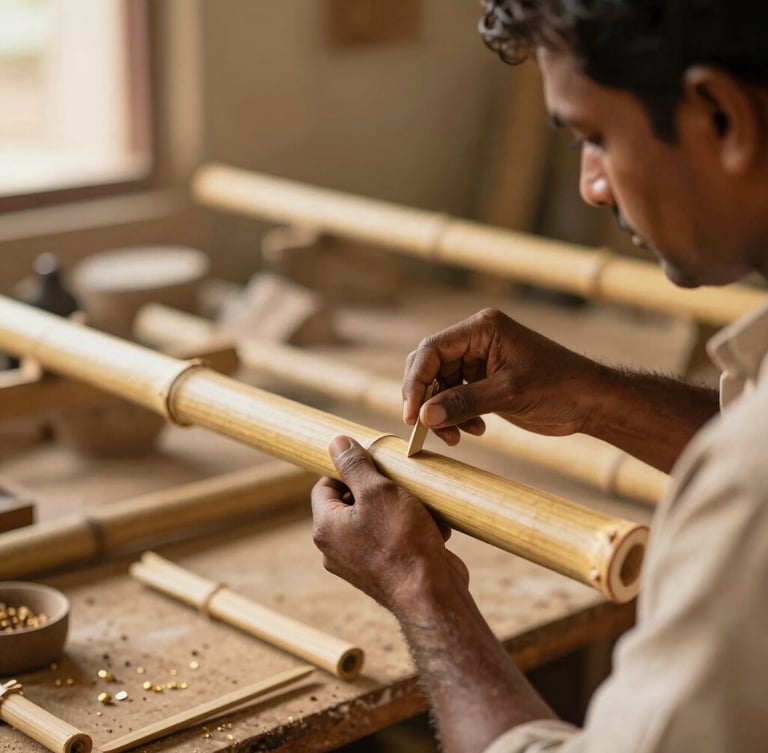 An Indian craftsman carefully shaping a bamboo pole in a sunlit workshop, warm golden tones, authentic regional setting, shallow depth of field