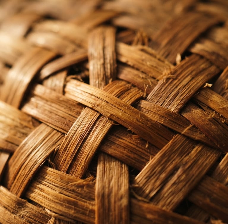 Macro detail shot of woven organic bamboo fibers, warm natural side-lighting, rich brown and gold tones, shallow depth of field, 35mm editorial photography