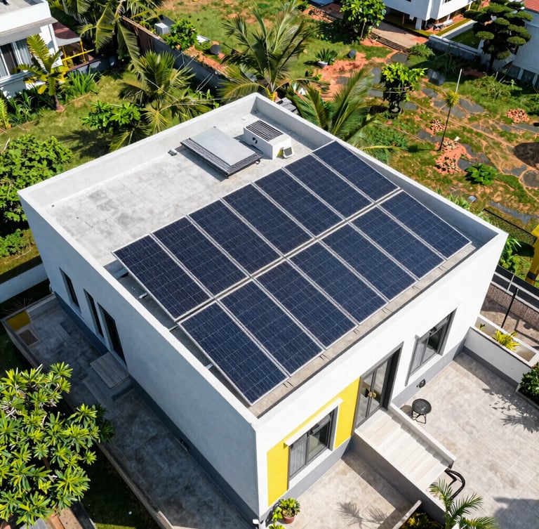 Wide aerial drone shot of a modern Hyderabad villa rooftop with clean, perfectly aligned solar panels reflecting bright midday sun.