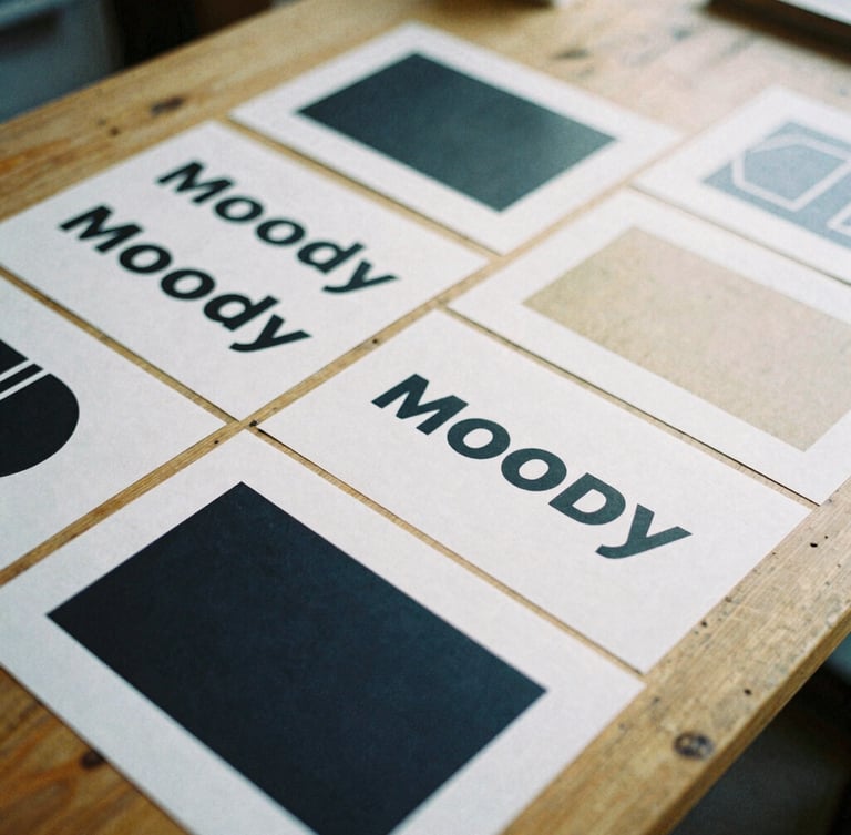 Moody close-up 35mm film photograph of printed brand assets and typography proofs laid out on a raw wooden workshop table, overcast natural light, high-contrast shadows