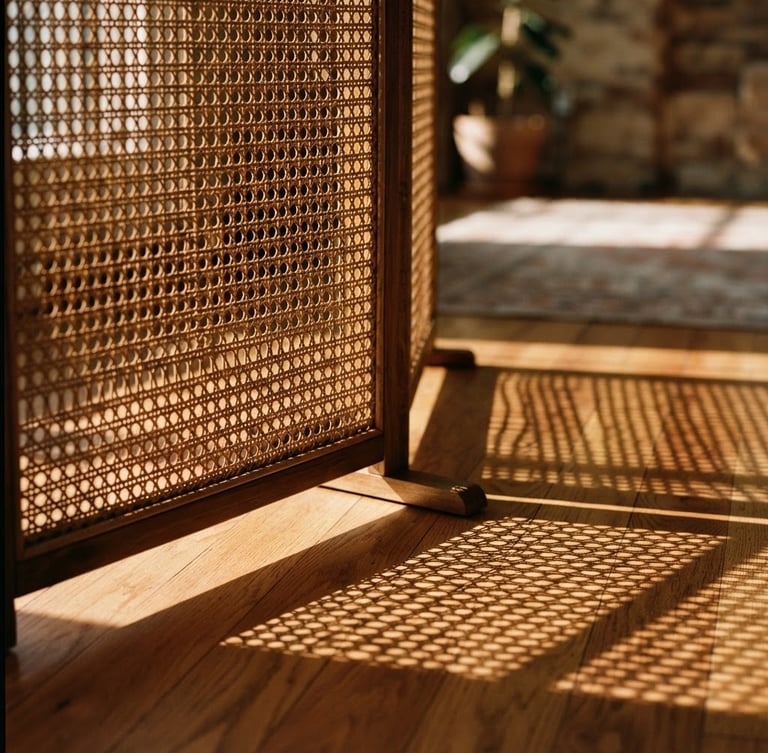 Close-up of a folding rattan screen casting deep, geometric shadows on a warm hardwood floor, lit by low-angle afternoon sunlight.