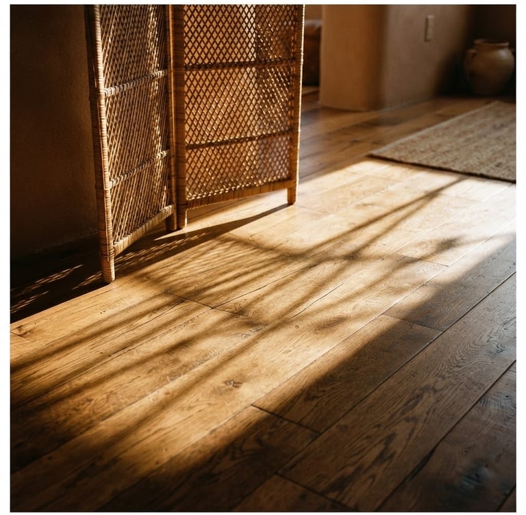 Low-angle afternoon sun casting long, dramatic shadows through a folding rattan screen onto a warm hardwood floor, architectural angles, medium format film.