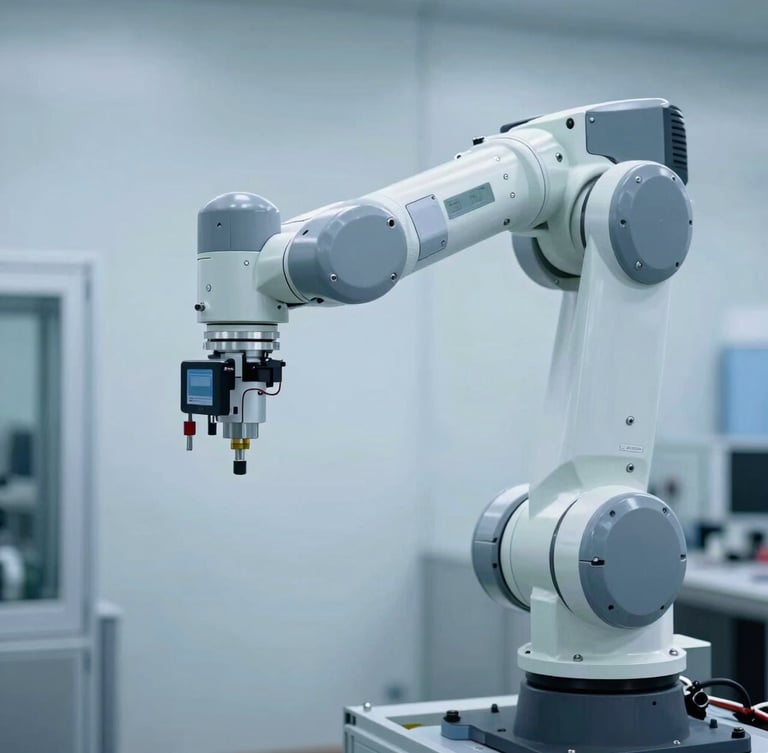 Detailed view of an automated robotic arm with integrated sensors, clean factory environment, cool blue and gray tones, crisp industrial photography