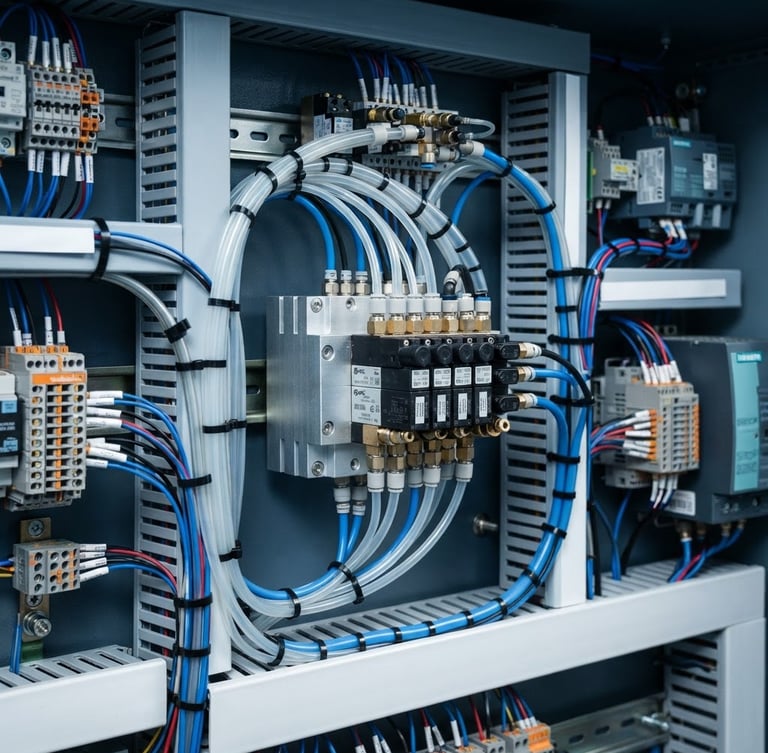 Macro technical shot of a clean pneumatic manifold and structured wiring inside an industrial control cabinet, cool blue and gray tones, crisp studio lighting, 35mm