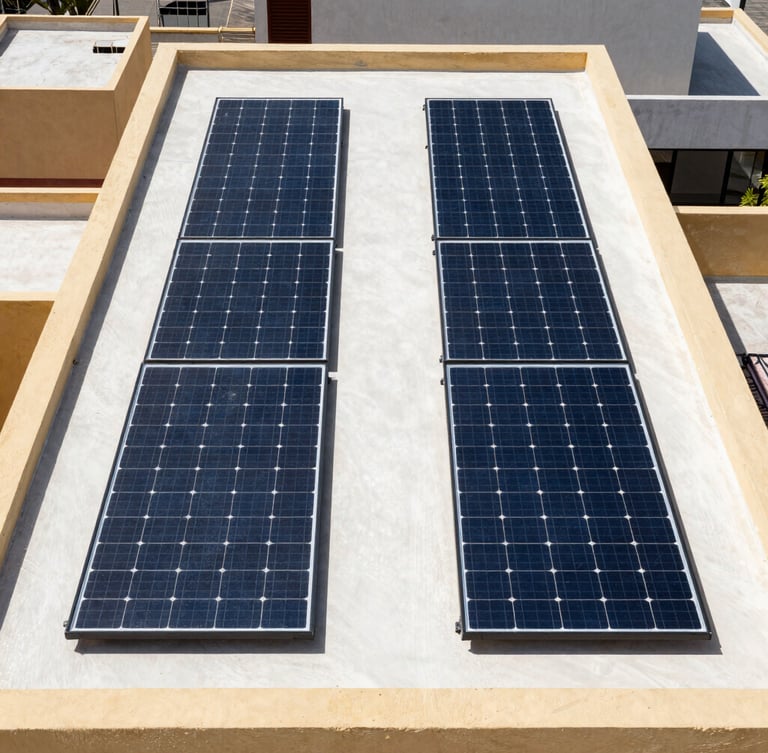 Symmetrical solar panel array installed on a modern flat rooftop in Cali, bright clean daylight, high-contrast technical lines, sharp architectural photography.