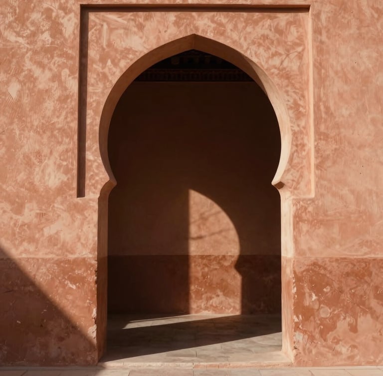 Cinematic wide shot of a sunlit plaster archway in Marrakech, sharp geometric shadows, warm terracotta tones, negative space on the left