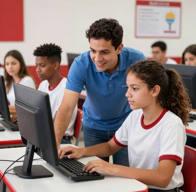 Friendly Brazilian instructor guiding a student on a computer in a bright modern classroom, vibrant red details, authentic school environment