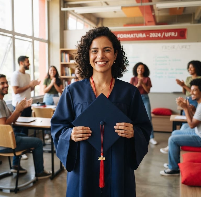 Authentic Brazilian adult student smiling proudly holding a graduation cap in a bright modern classroom, natural daylight, soft red details