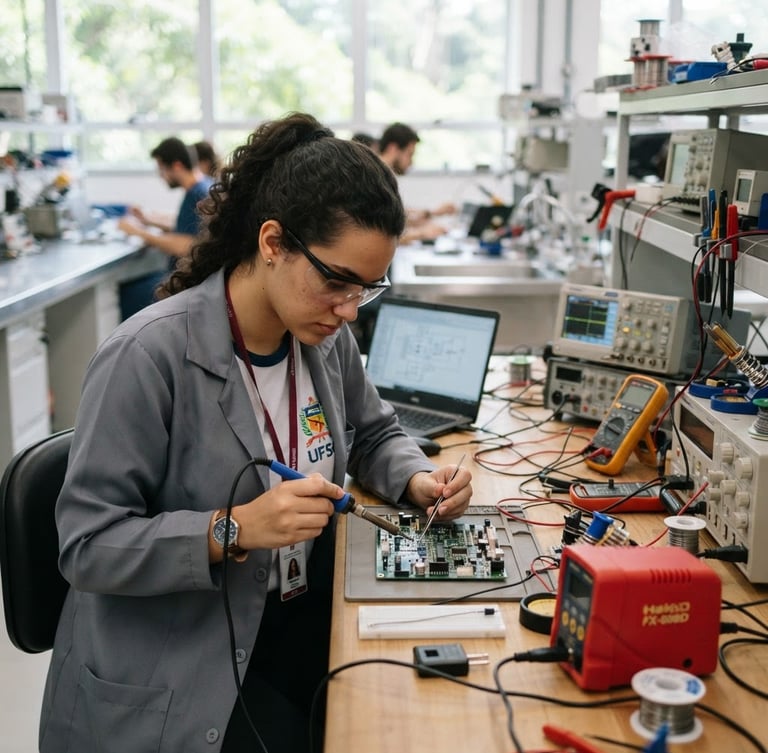 Authentic Brazilian student working with electrical boards in a bright modern laboratory, crimson red accents, sharp focus, 35mm lens