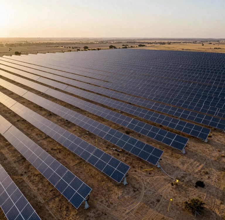 Wide aerial drone shot of massive solar arrays stretching to the horizon, dry African landscape, golden hour lighting.