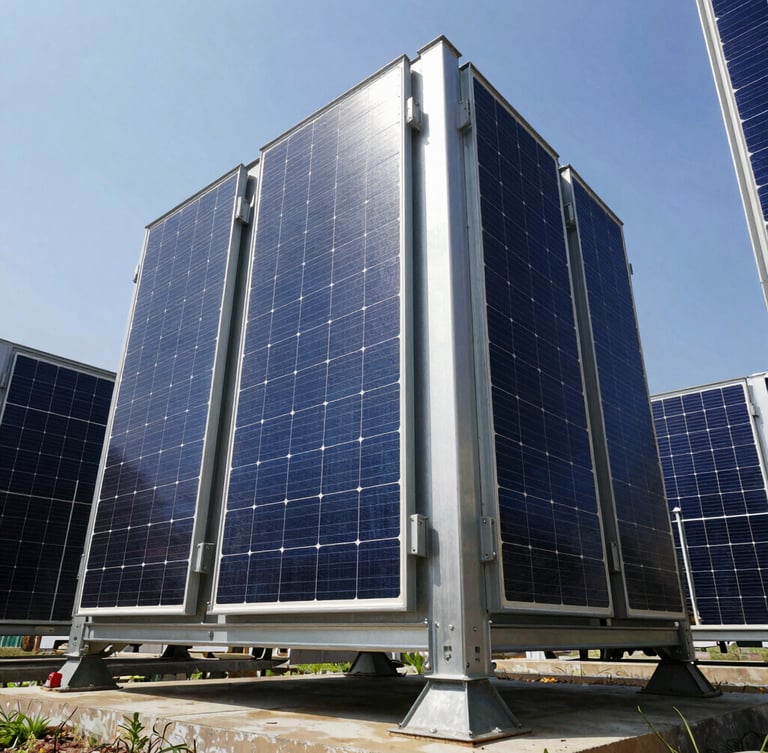 Low-angle heroic shot of massive industrial solar inverters and grid substations under harsh midday sun, high-contrast steel structures