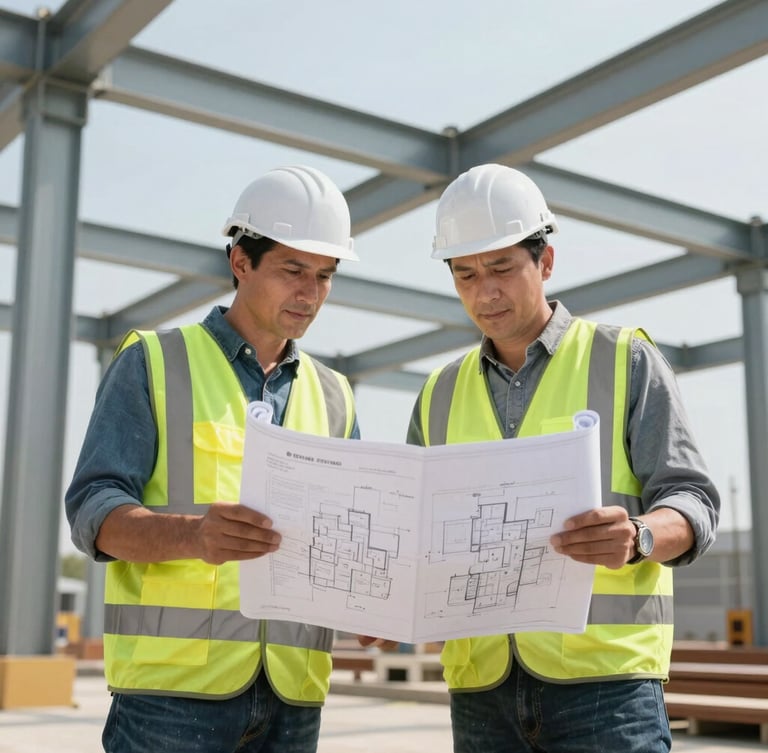 Low-angle heroic shot of civil engineers in high-visibility vests reviewing physical blueprints on-site, massive steel structures in the background, harsh midday sun