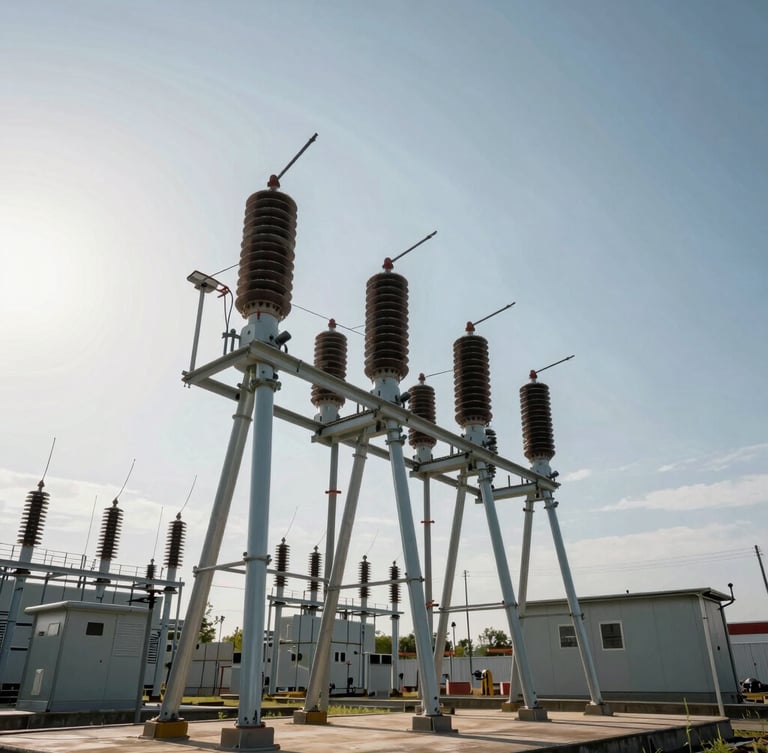 Low-angle heroic shot of a completed grid connection substation, heavy electrical steel structures against a harsh midday sky.