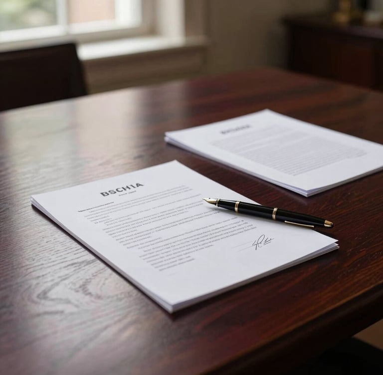 Warm editorial photography, natural window light illuminating a dark oak meeting table with signed legal documents and a fountain pen, shallow depth of field, 35mm