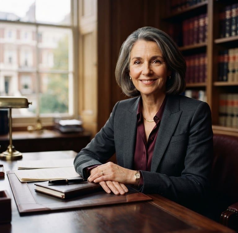 Professional portrait of a senior lawyer in a warm, naturally lit office, soft window light, deep wine and muted charcoal tones, shallow depth of field, highly professional and reassuring.
