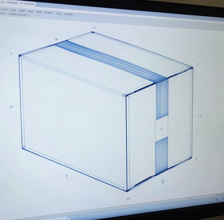 Technical CAD drawing of a cardboard box structural design on a monitor screen, cool daylight, blue and white tones, sharp focus on blueprint lines