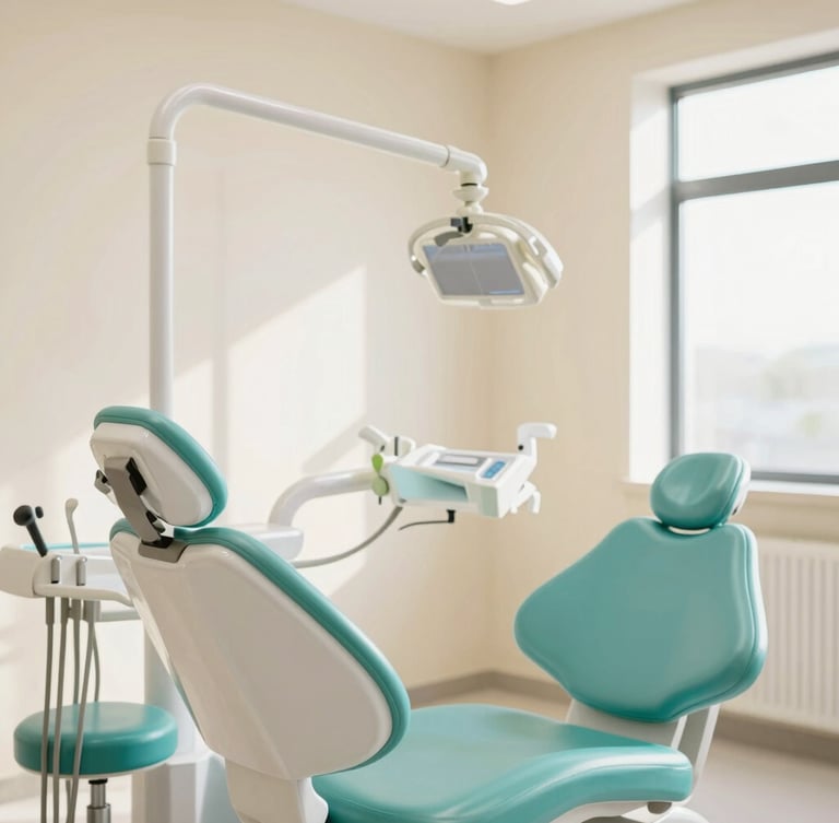 A bright, sunlit modern dental clinic interior with soft teal accents, clean warm cream walls, and a comfortable dental chair under soft natural light