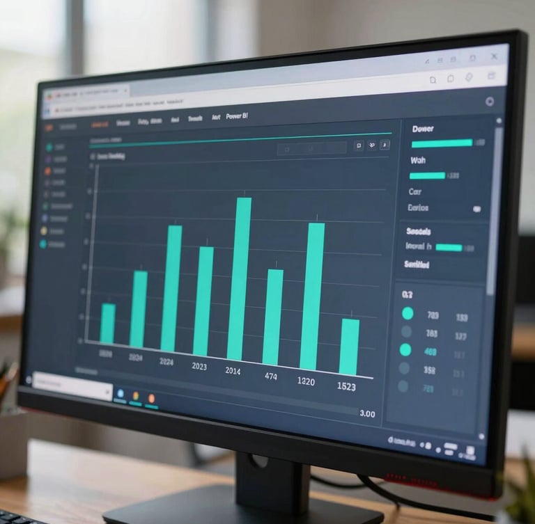 Tight close-up of a financial Power BI dashboard on a modern monitor, clean bar charts and teal indicators, slate-blue interface, natural office lighting