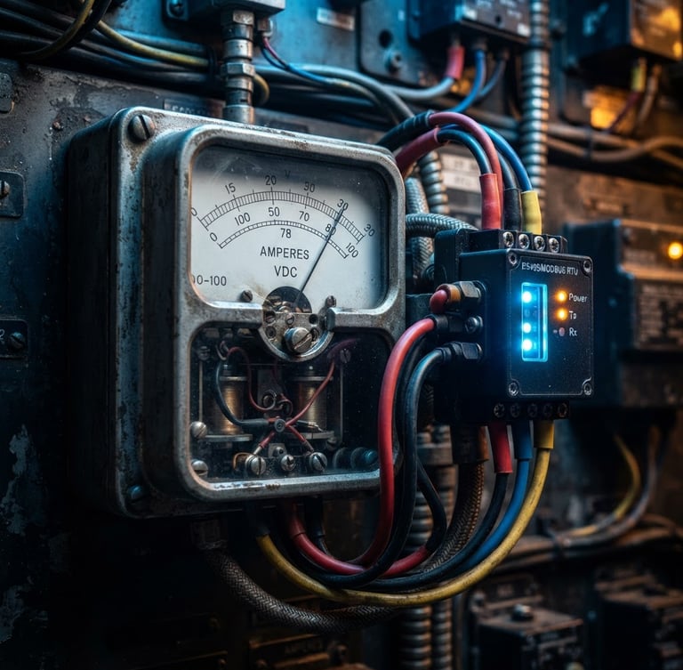 Macro shot of a retrofitted Modbus transmitter connected to an old analog industrial meter, glowing cool blue and amber accents, high-contrast technical lighting, detailed hardware, 35mm