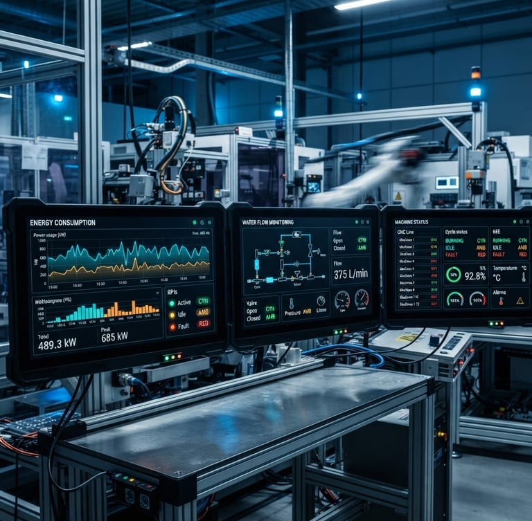 Wide panoramic shot of a high-contrast dark-mode industrial telemetry dashboard interface, showing live data streams for energy, water flow, and machine status with crisp monospaced typography and precise cyan, amber, and green status accents. The dashboard is subtly integrated into a clean, modern factory floor environment, cool blue ambient lighting, macro lens detail on data points, 35mm.