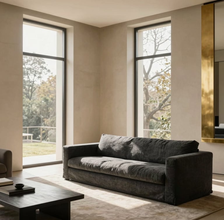 A minimalist luxury living room, soft natural daylight streaming through floor-to-ceiling windows, warm beige plaster walls, a low-slung charcoal linen sofa, brushed gold architectural details, 35mm photography.