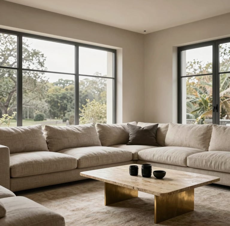 Wide-angle architectural shot of a minimalist luxury living room, soft natural daylight streaming through large steel-frame windows, textured linen sofa, brushed brass accents, raw stone coffee table, 35mm lens.