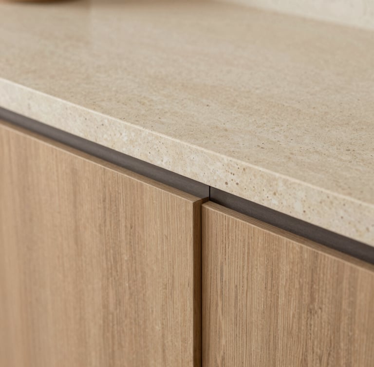 Close-up detail shot of custom oak joinery meeting a raw travertine stone countertop, soft diffused daylight, warm architectural photography