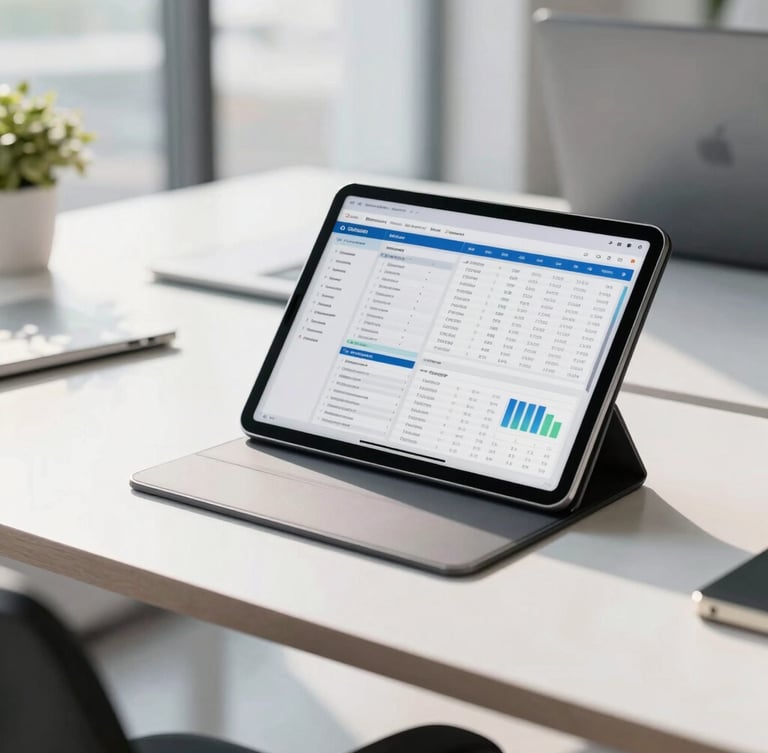 A clean, modern corporate office desk with a digital tablet showing logistics charts, bright natural daylight, sharp focus, 35mm