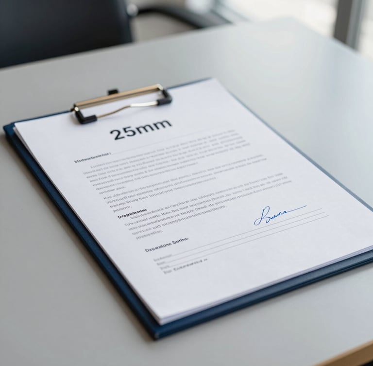 Close-up of a signed corporate agreement on a clean slate gray desk, professional business documentation, sharp focus, 35mm
